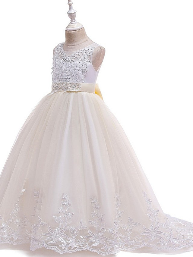 Princess Tulle Sleeveless Jewel Flower Girl Dress with Bow Appliques Beading