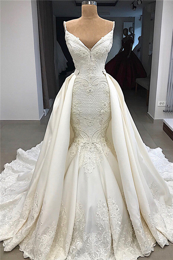 Mermaid Wedding Dress with Ruffles & Detachable Skirt Applique - Spaghetti-Strap