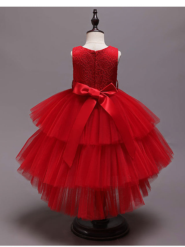 Asymmetrical Jewel Flower Girl Dress with Sleeveless Tulle and Belt - Crystals and Rhinestones