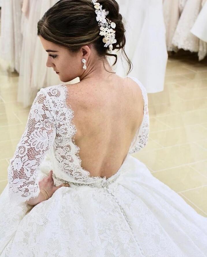 A-line Lace Backless Wedding Dress with Sleeves