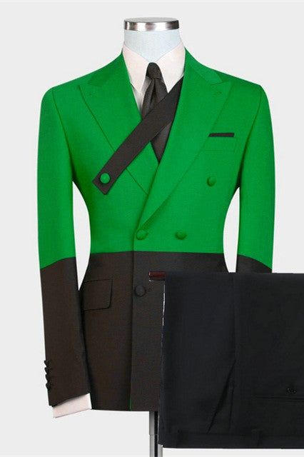 Morden Peaked Lapel Double Breasted Prom Suits - Green and Black