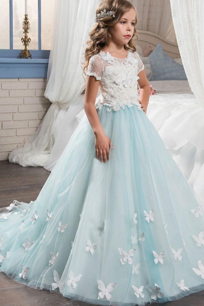 Elegant Pink Ball Gown with Short Sleeves and Lace Buttons for Girls