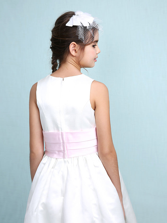 Princess A-Line Jewel Neck Satin Junior Bridesmaid Dress with Sash Ribbon Ruched Ruffles for Spring Summer Fall Winter Weddings