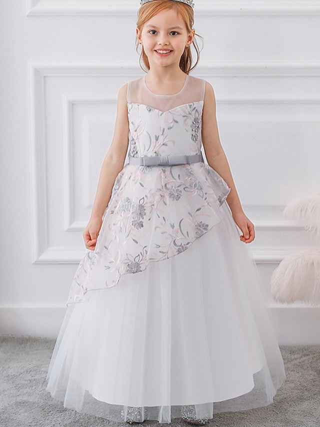 Gorgeous Sleeveless Ball Gown Flower Girl Dress with Tulle Sash Ribbon and Embroidered Bow