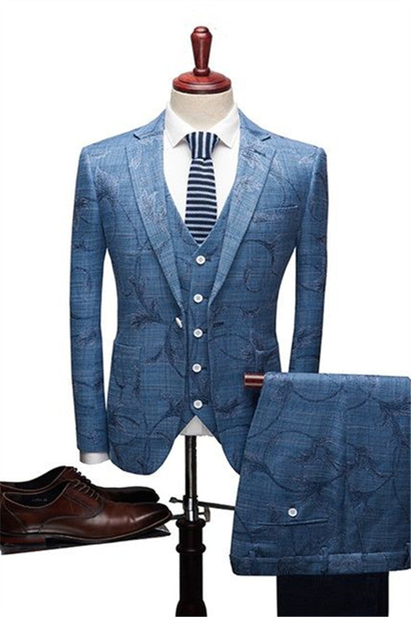 Ocean Blue Notched Lapel Print Designer Wedding Suits For Men