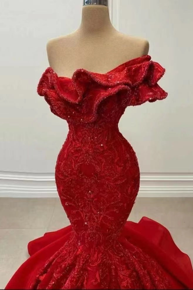Red Strapless Mermaid Sequins Prom Dress On Sale