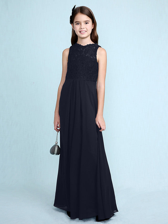 Sheath Column Scoop Neck Floor Length Chiffon & Lace Junior Bridesmaid Dress