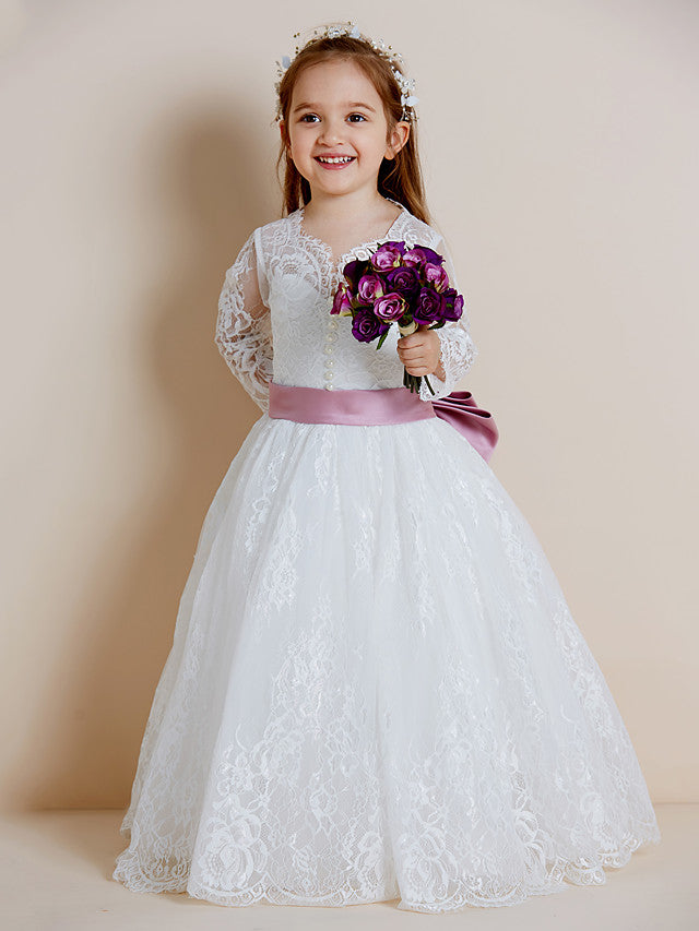 Long Sleeve V Neck Ball Gown with Lace Tulle Ribbon Bow and Lace Sash for Flower Girl Dress