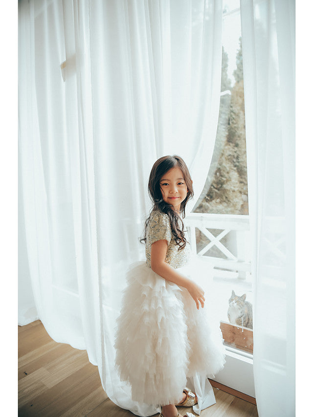Short Sleeve Jewel Neck Flower Girl Dresses with Tulle & Paillette Sequins