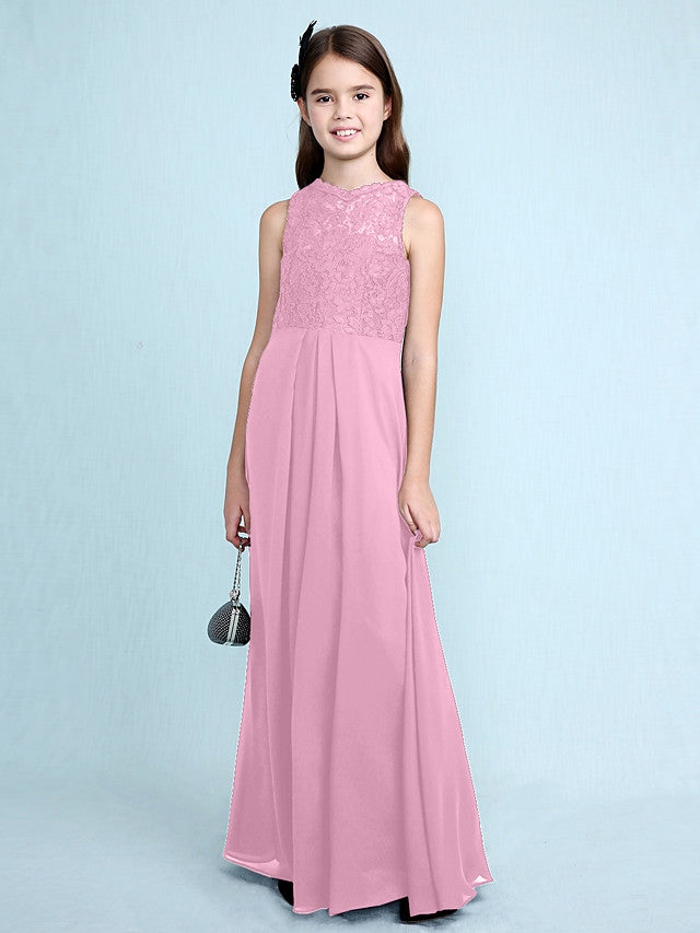 Sheath Column Scoop Neck Floor Length Chiffon & Lace Junior Bridesmaid Dress