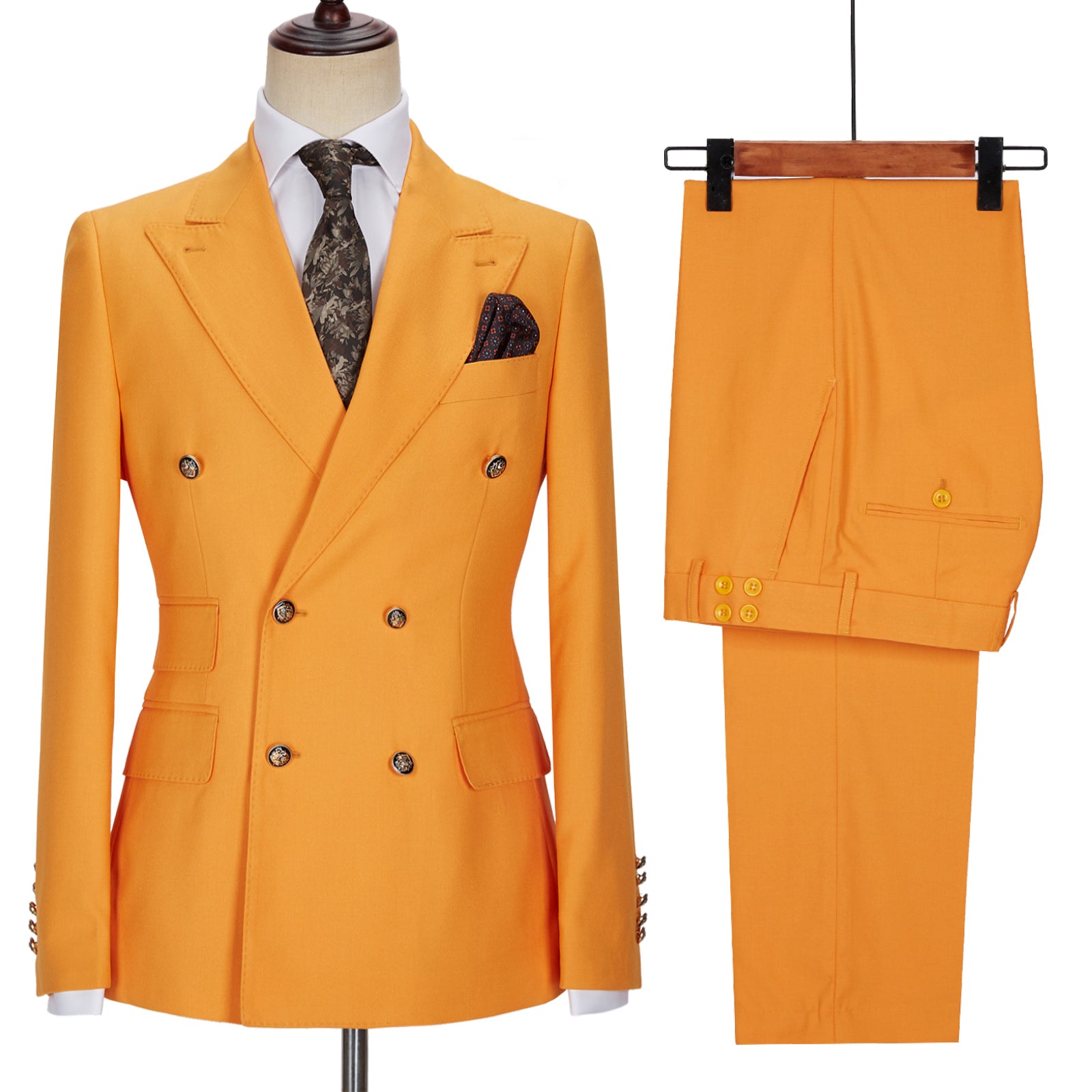 Hot Sale Orange Men Suits by Benjamin - Double Breasted Peaked Lapel
