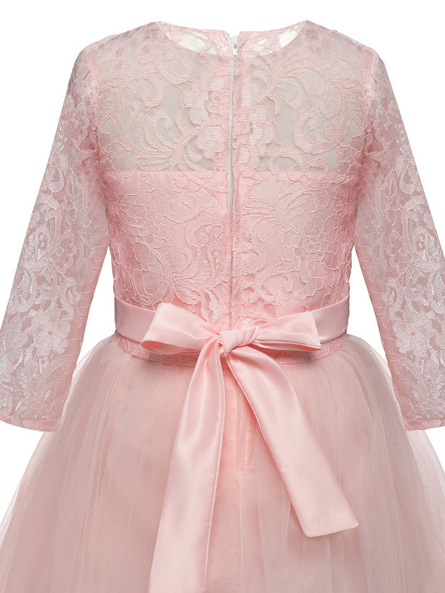 Half Sleeve Jewel Long Length Flower Girl Dress with Lace Tulle and Lace Belt Bow