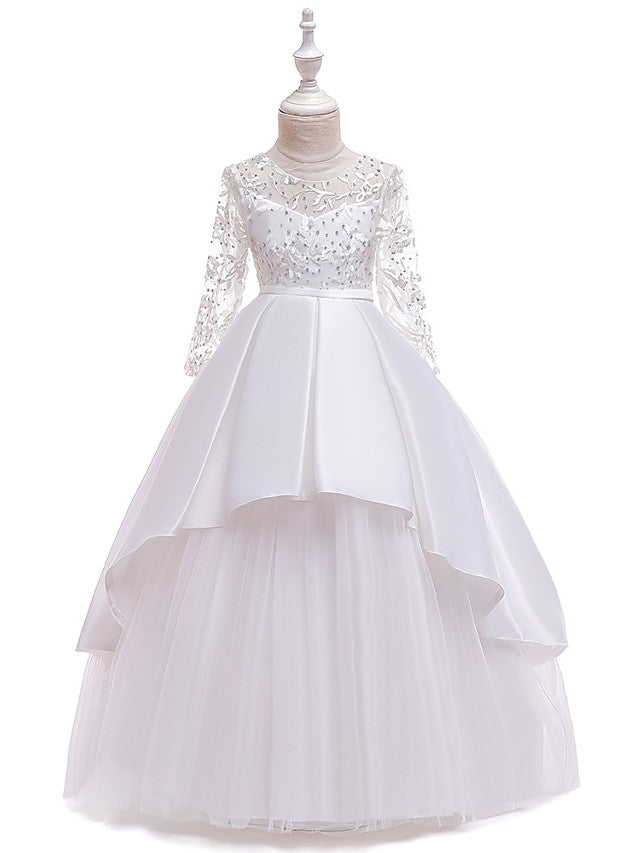 A-Line 3/4 Length Sleeve Jewel Neck Cotton Lace Ball Gown Flower Girl Dresses With Lace Sash Ribbon Pleats