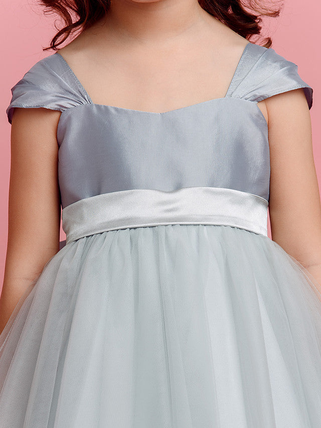 Short Sleeve Square Neck Ball Gown Pageant Dress with Taffeta Tulle Sash Ribbon & Bow