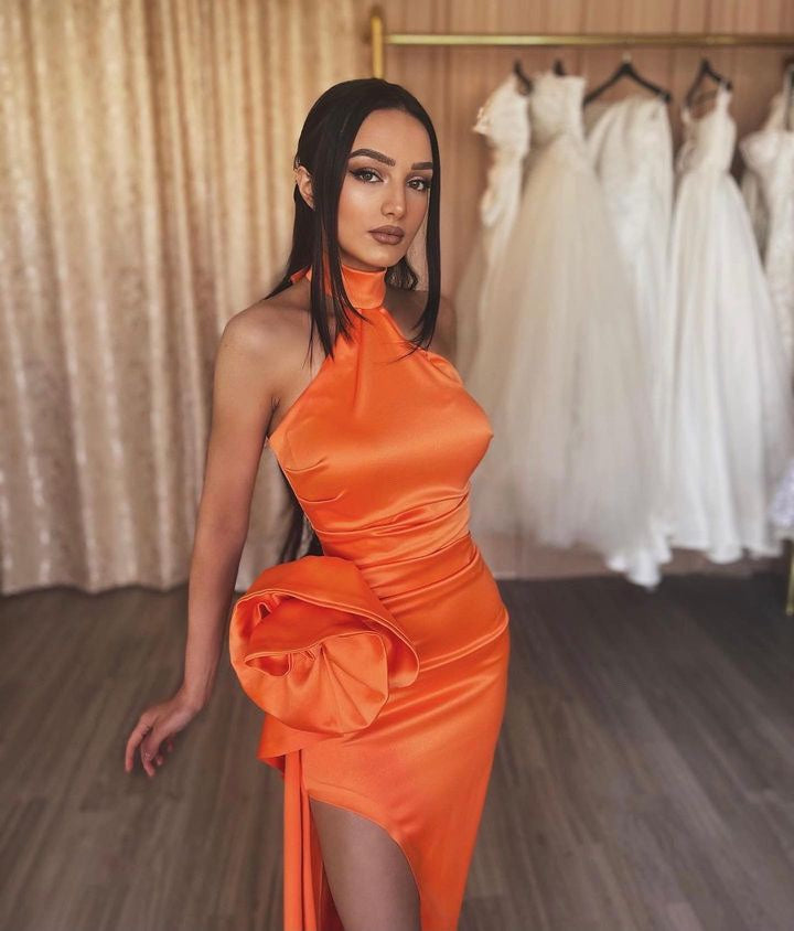 Orange Flower Halter Split Prom Dress