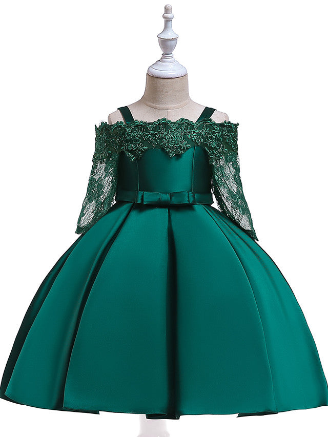 A-Line Cotton Blend Flower Girl Dress with Lace Sash & Ribbon Trim - 3/4 Length Sleeve Off Shoulder