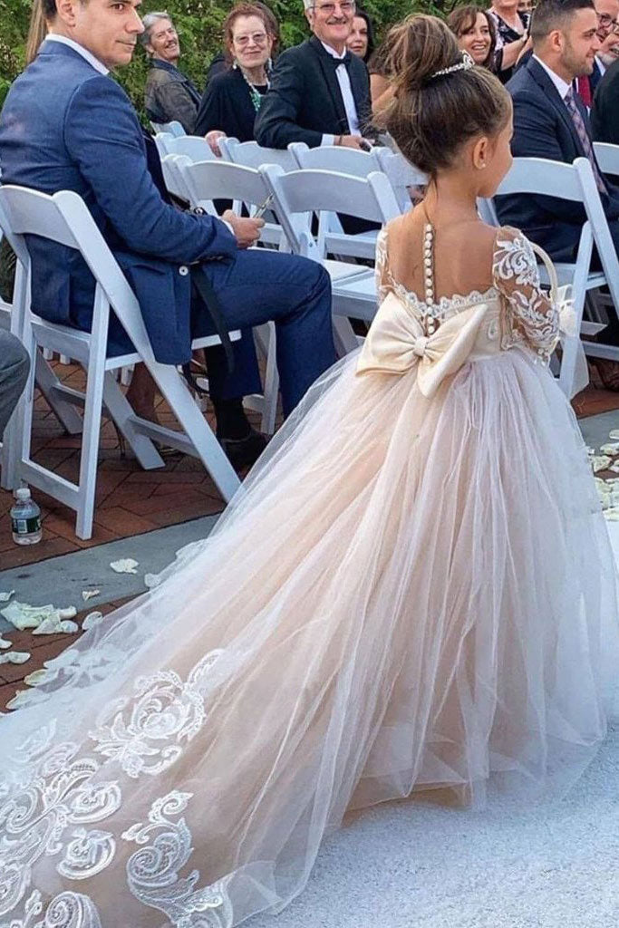 A-line Flower Girl Dresses with Lace Appliques and Boho Long Sleeves