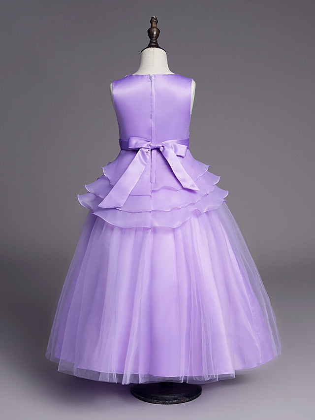 Princess Sleeveless Jewel Long Length Flower Girl Dress with Belt Beadings Embroidery