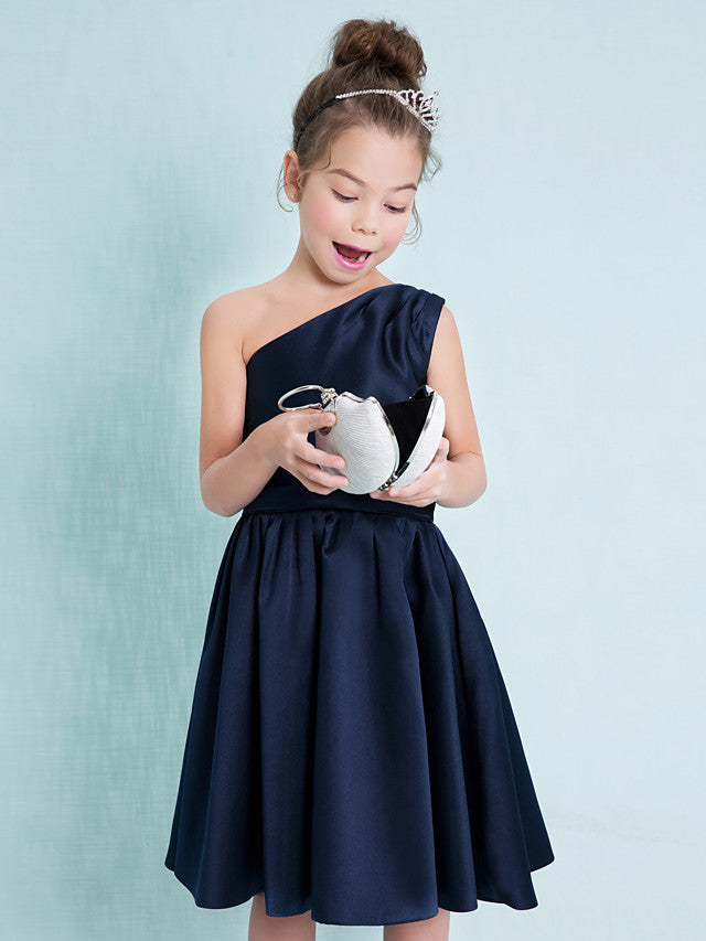 One Shoulder A-Line Satin Junior Flower Girl Dress with Sash Ribbon Pleats and Knee Length Fit