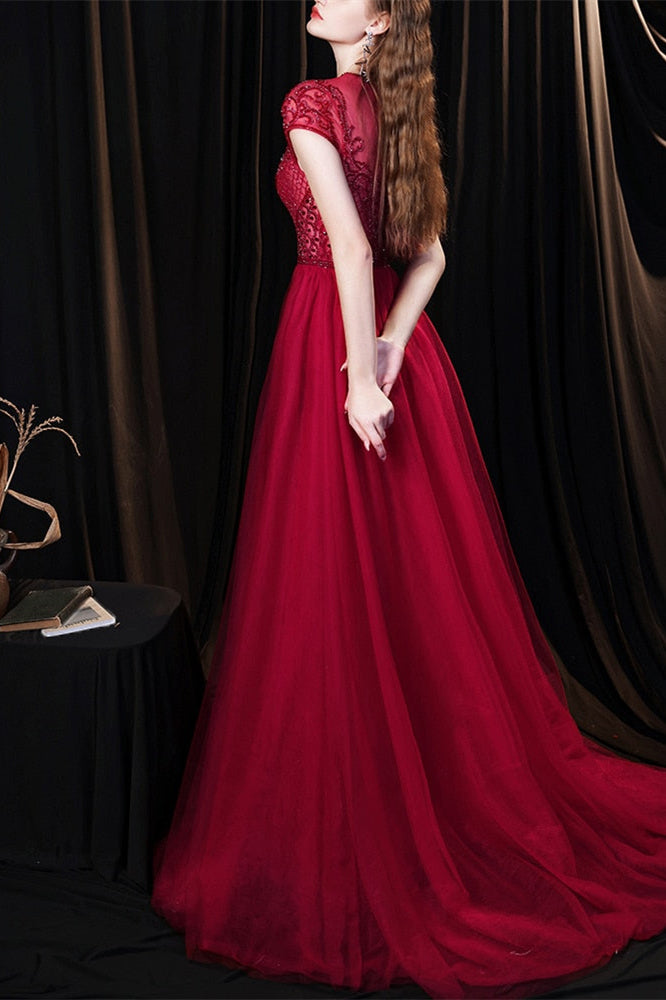 Beaded Burgundy Mermaid Evening Dress with Tulle Overskirt and Short Sleeves