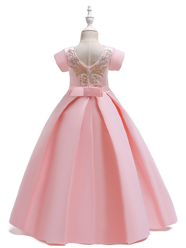 A-Line Flower Girl Dress with Short Sleeves and Bow Appliques - Floor Length