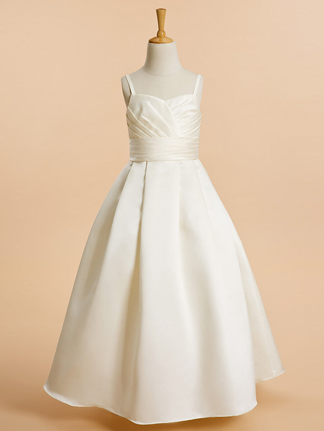 Satin A-Line Flower Girl Dress with Sleeveless Spaghetti Strap and Sash Ribbon