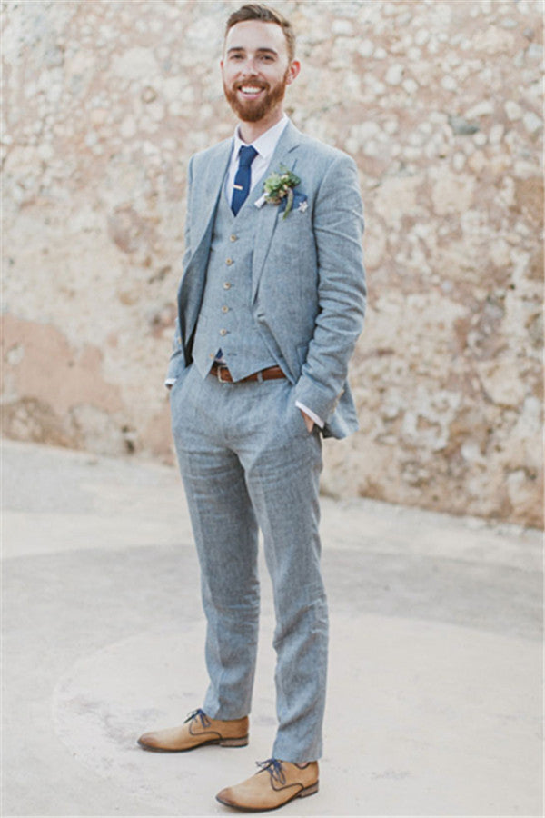 Latest Summer Blue Linen Notched Lapel Wedding Suit