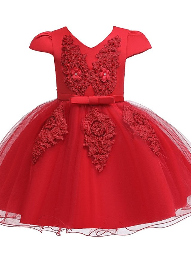 Short Sleeve V Neck Flower Girl Dresses with Tulle Sash Ribbon and Bow Appliques