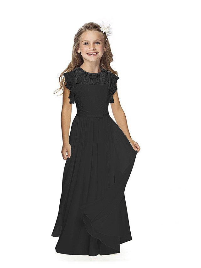 Short Sleeve Jewel Neck Flower Girl Dress with Lace and Butterfly