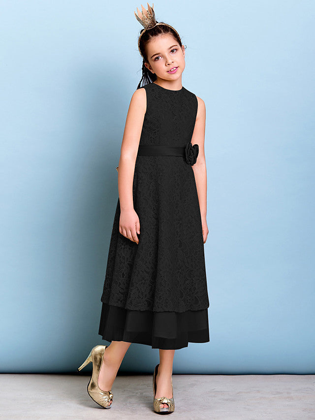 A-Line Jewel Neck Tea Length Floral Lace Junior Bridesmaid Dress with Sash & Accessories