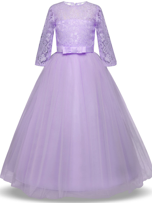 Half Sleeve Jewel Long Length Flower Girl Dress with Lace Tulle and Lace Belt Bow