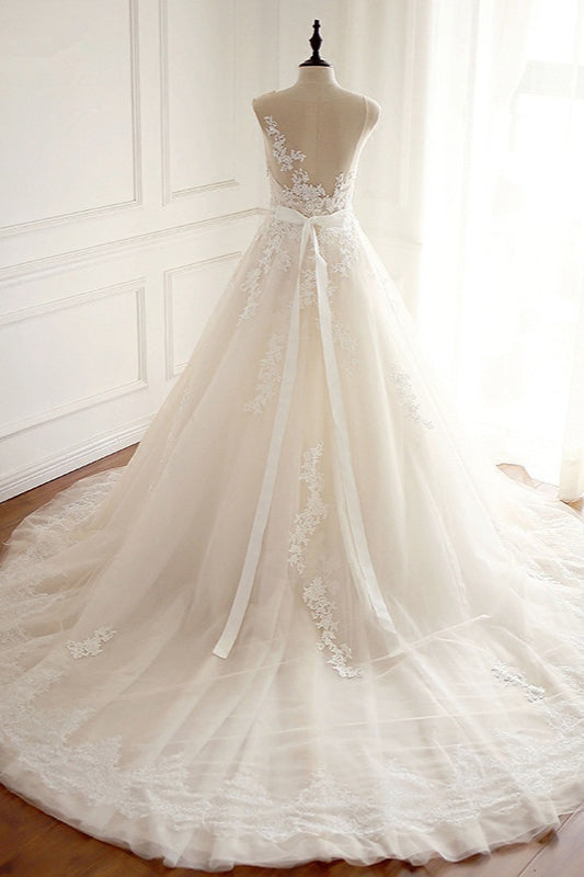 A-line Jewel Tulle Long Wedding Dress with Appliques Lace