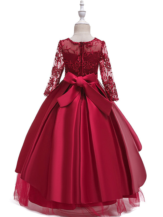 Gorgeous Long Sleeve Jewel Neck Flower Girl Dress with Tulle Satin Crystals and Lace Belt