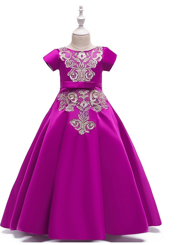 A-Line Flower Girl Dress with Short Sleeves and Bow Appliques - Floor Length