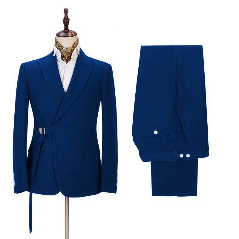 Royal Blue Peak Lapel Tuxedo Suit for Wedding with Buckle Button