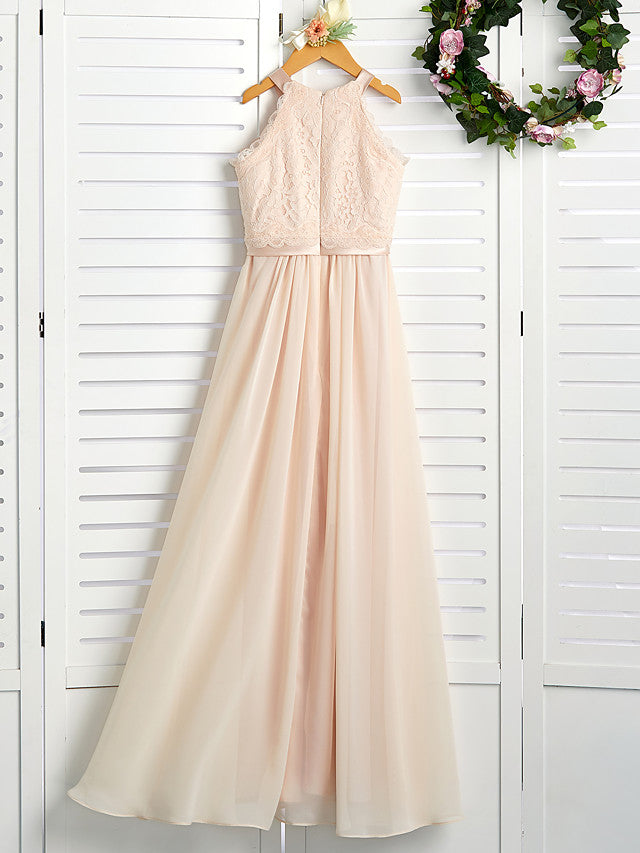 A-Line Junior Bridesmaid Dress with Chiffon Lace Sash & Ribbon