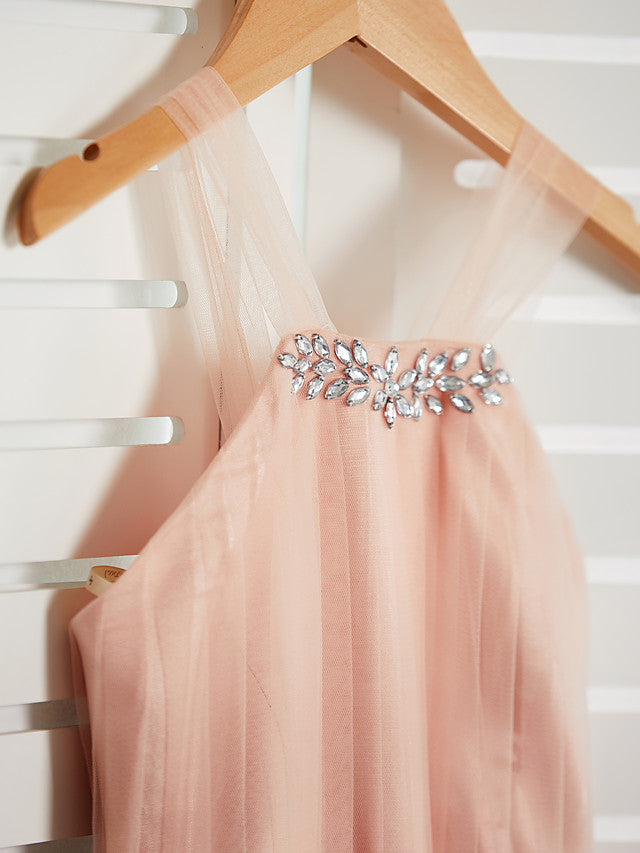 A-Line Halter Neck Maxi Tulle Bridesmaid Dress with Sash Ribbon Beading for Weddings