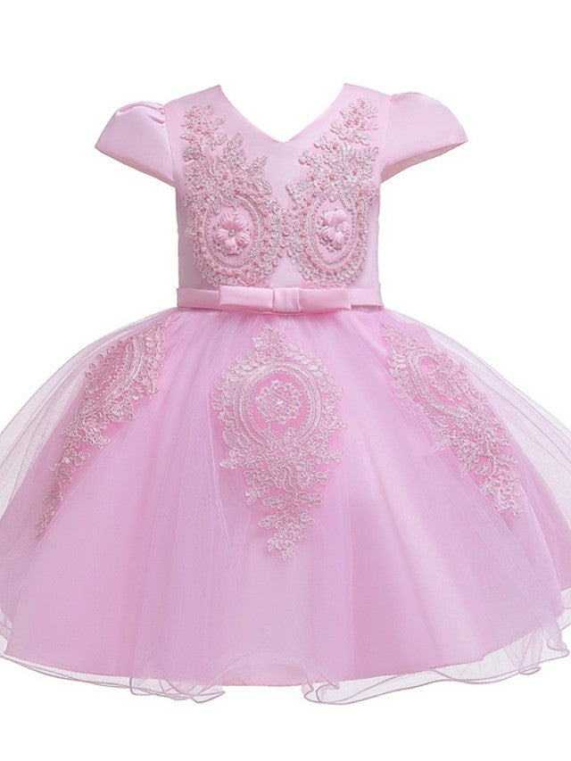 Short Sleeve V Neck Flower Girl Dresses with Tulle Sash Ribbon and Bow Appliques