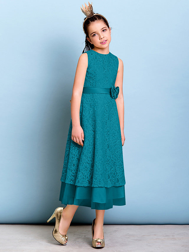 A-Line Jewel Neck Tea Length Floral Lace Junior Bridesmaid Dress with Sash & Accessories