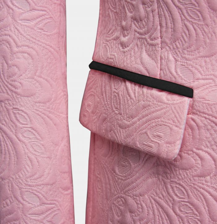 3 Piece Black Lapel Suit for Men's Wedding with Pink Jacquard