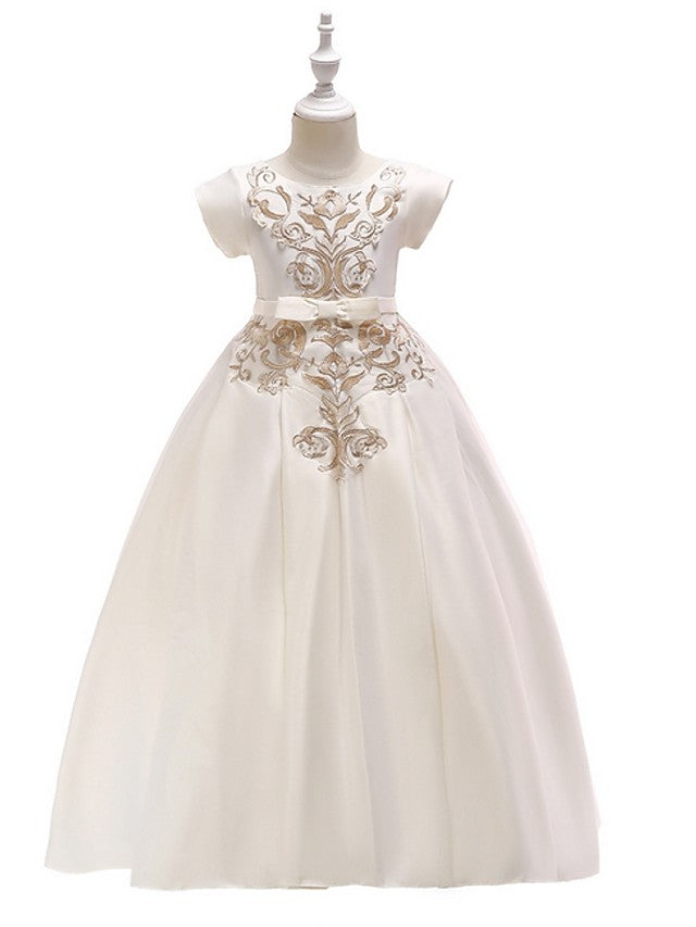 A-Line Flower Girl Dress with Short Sleeves and Bow Appliques - Floor Length