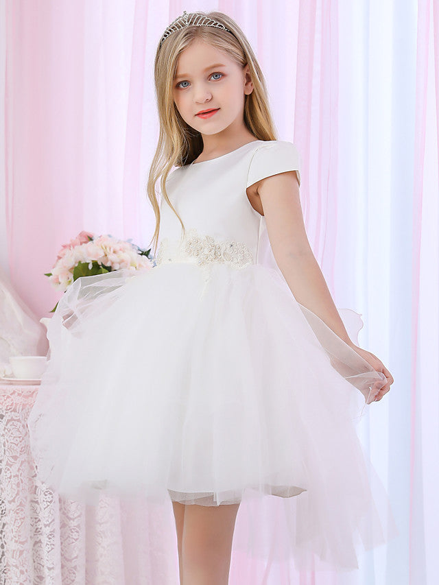 Princess Cap Sleeve Jewel Neck Ball Gown Flower Girl Dress With Beading Appliques Satin Tulle