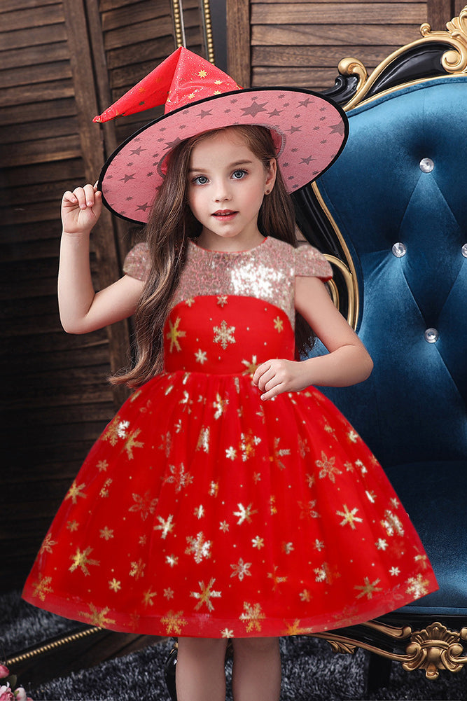 Short Red A-line Glitter Flower Girls Dress with Tulle Appliques