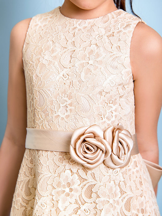 A-Line Jewel Neck Tea Length Floral Lace Junior Bridesmaid Dress with Sash & Accessories