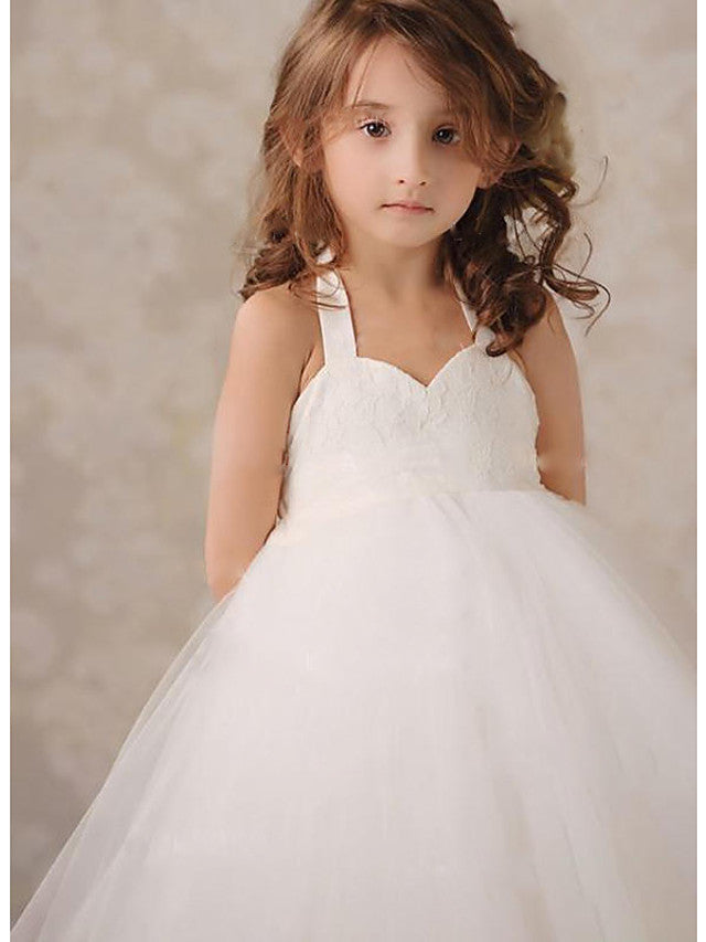 Sleeveless Jewel Knee-Length A-Line Flower Girl Dress with Lace and Tulle