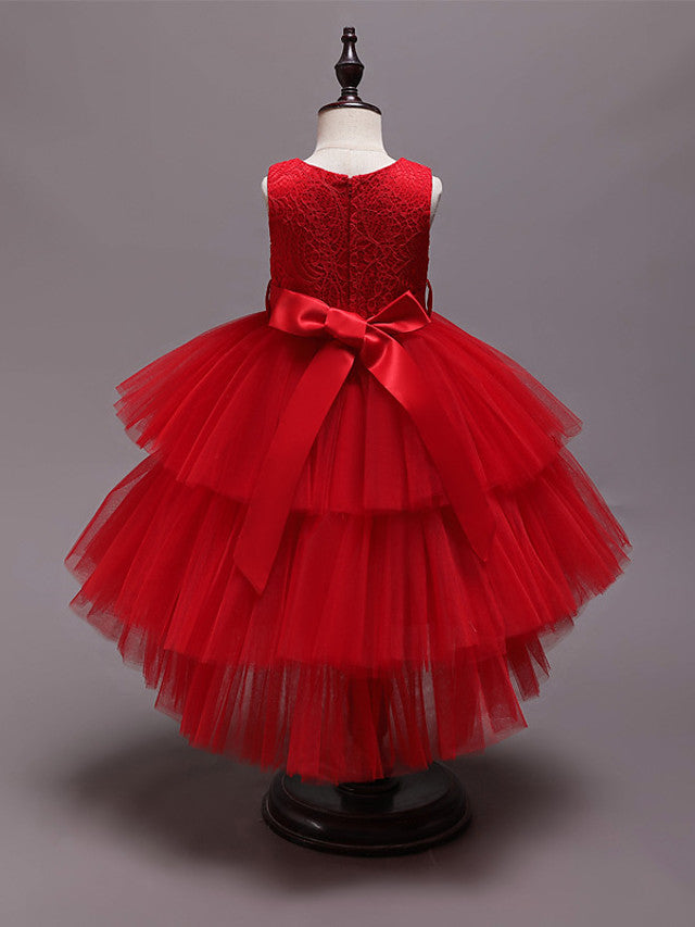 Asymmetrical Jewel Flower Girl Dress with Sleeveless Tulle and Belt - Crystals and Rhinestones