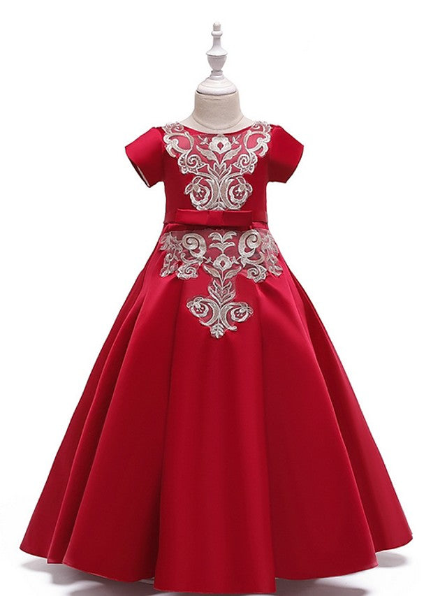 A-Line Flower Girl Dress with Short Sleeves and Bow Appliques - Floor Length