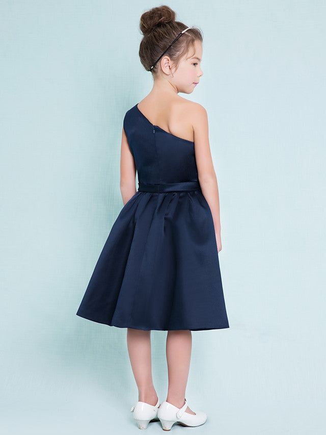 One Shoulder A-Line Satin Junior Flower Girl Dress with Sash Ribbon Pleats and Knee Length Fit