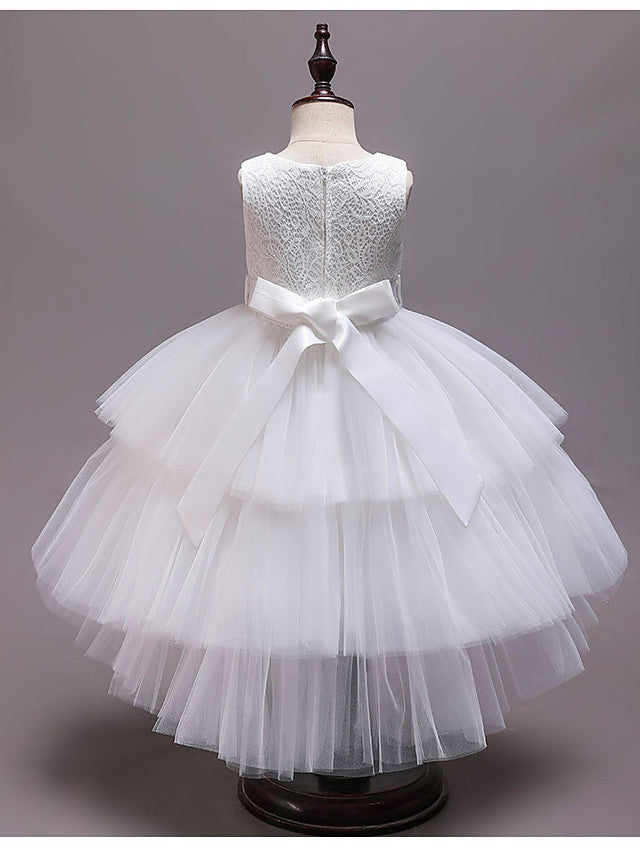 Asymmetrical Jewel Flower Girl Dress with Sleeveless Tulle and Belt - Crystals and Rhinestones