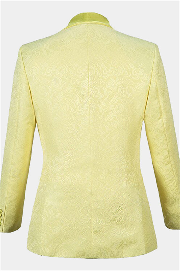Unique Three Pieces Shawl Lapel Yellow Jacquard Morning Suit